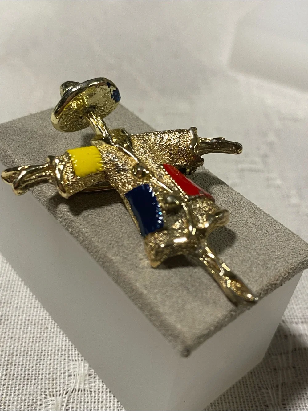 Sarah Coventry “Patches” Scarecrow Pin with Red, Blue & Yellow Enamel 1969